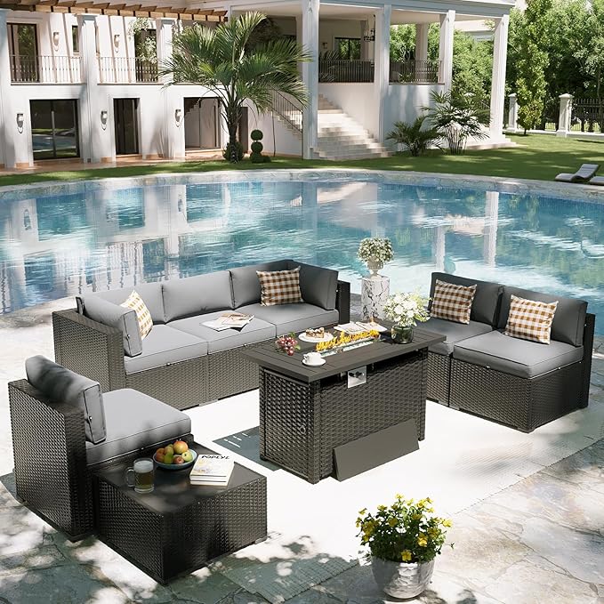 Aoxun Patio Furniture Set with Fire Pit Table, 8 Piece Outdoor Sectional Sofas, Wicker Rattan Outdoor Furniture with Thickened Cushion for Backyard, Garden Light Grey