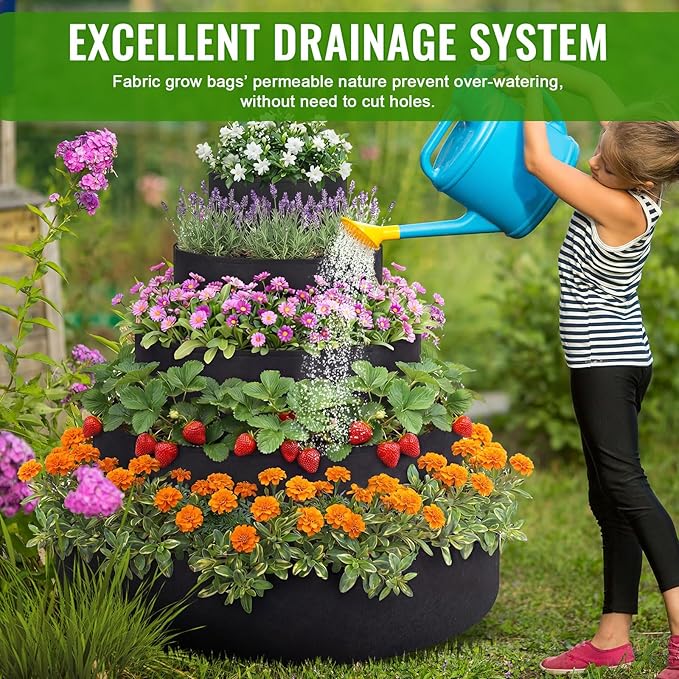5 Tiered Strawberry Planter for Outdoor Plants, 39 Inch Heavy Duty Strawberry Tower Planter Grow Bags, Breathable Non Woven Fabric Raised Garden Bed for Vegetables Flower Herbs Gardening