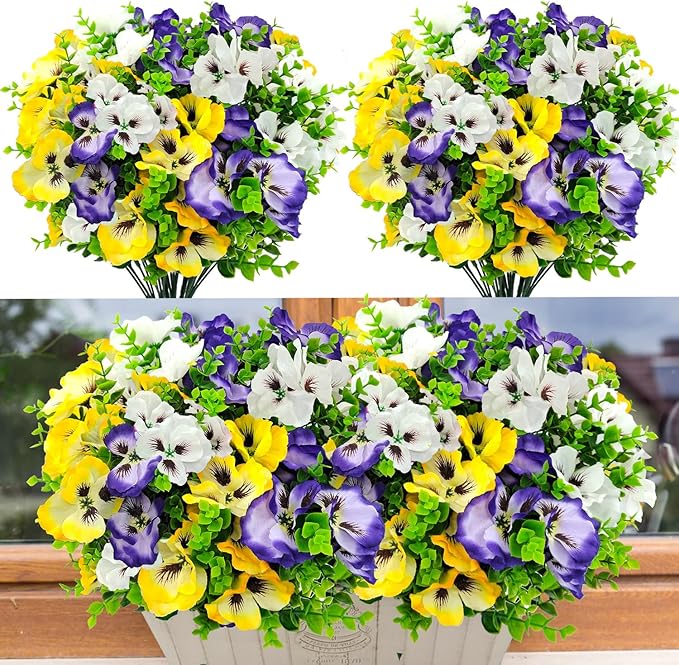 Pansies Artificial Flowers for Outdoors UV Resistant 12 Bundles Silk Pansy Plastic Fake Plants Flowers for Home Outside Garden Window Box Patio Planter Porch Decor (Mixed Color2)
