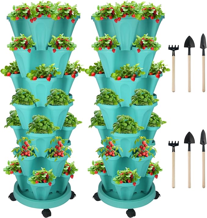 GameXcel Vertical Planter 7 Tier Stackable Planters Garden Planters Strawberry Herb Flower and Vegetable Planter Indoor Outdoor Gardening Pots with Removable Wheels and Tools-Teal 2 Pack