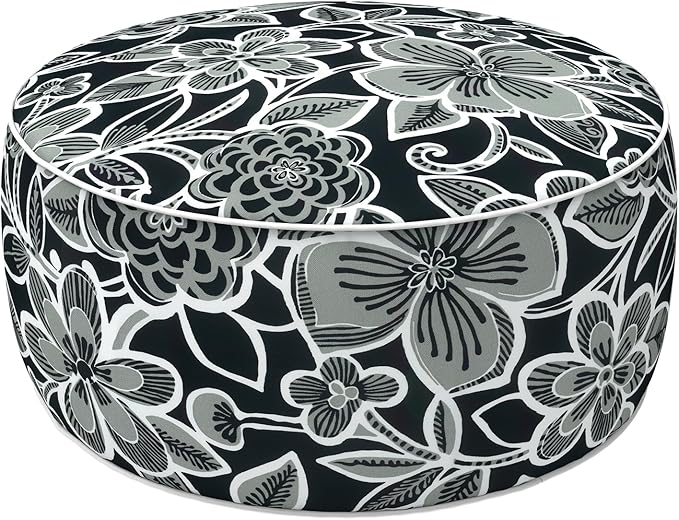 LVTXIII Indoor/Outdoor Inflatable Ottoman with Handle D21 x H9 Inch, Weather-Resistant Round Footstool Pouf for Patio Camping Living Room, Portable Footrest Extra Seating, Flower Black