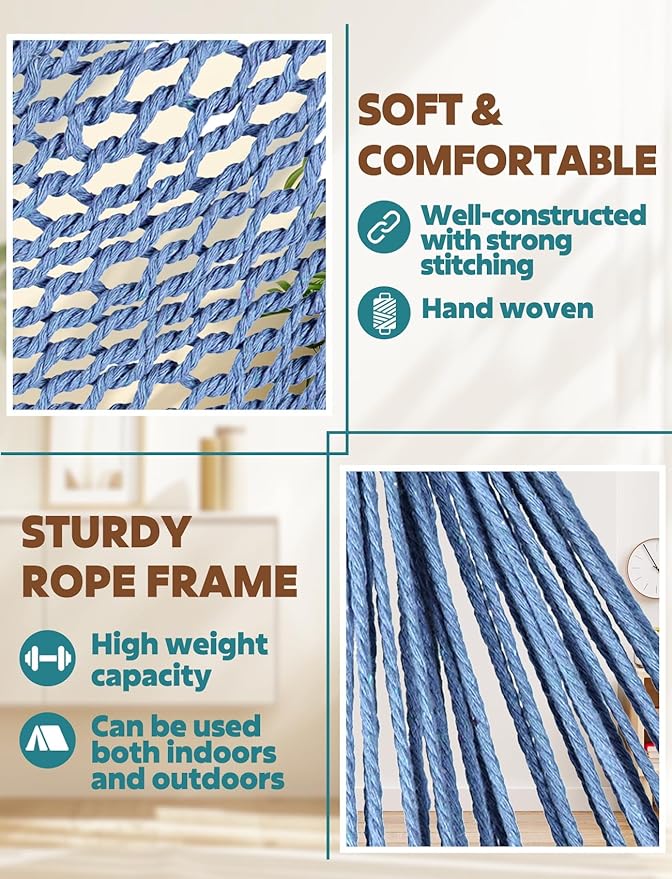 Chihee Hammock Chair Super Large Soft-Spun Cotton Rope Weaving Hanging Chair, Collapsible Strong Metal Spreader Bar Wide Seat Lace Stretch Swing Chairs Indoor Outdoor Garden Yard Theme Decoration