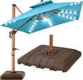 Best Choice Products 10ft Square Cantilever Patio Umbrella w/Base Included, Woodgrain Pattern Pole & Solar LED Lights, 360-Rotation, Offset Hanging Outdoor Shade - Sky Blue