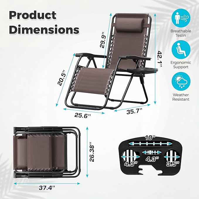 Homall Zero Gravity Chair Patio Folding Lawn Outdoor Lounge Gravity Camp Reclining Lounge Chair with Cup Holder Pillows for Poolside Backyard and Beach Set of 4 (Brown)