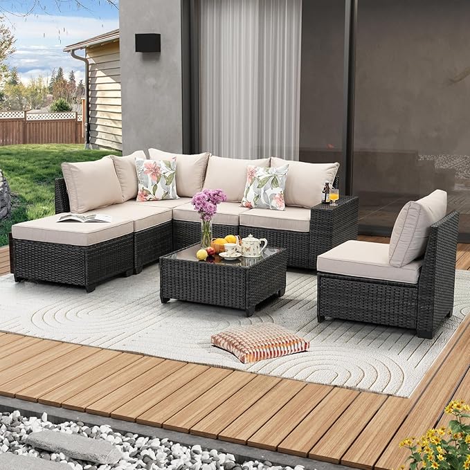 7 Pieces Patio Furniture Set All-Weather Outdoor Wicker Sectional Conversation Sofa Rattan Patio Seating Sofa with Cushion and Glass Table and Ottoman for Porch,Beige