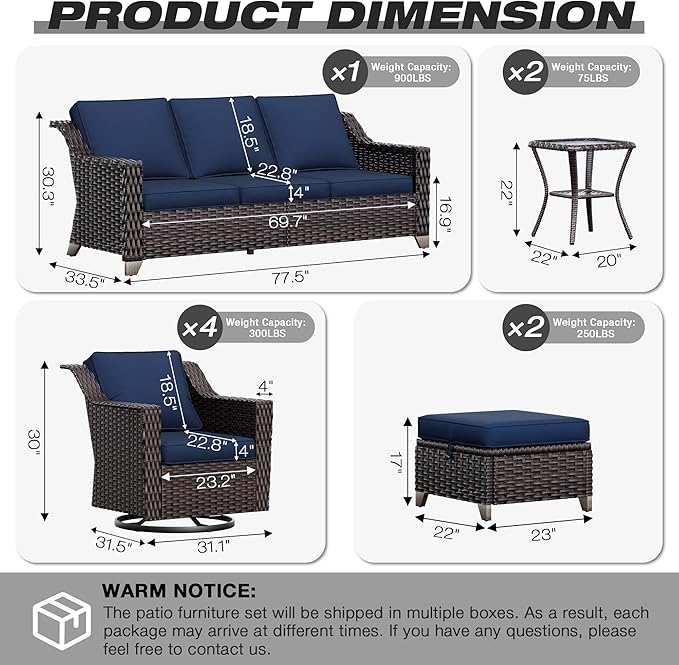 Joyside Wicker Patio Furniture Sets, 9 Pieces Upgraded Large Size Outdoor Furniture with 4 Swivel Rocking Patio Chairs, 3-Seat Sofa, Outdoor Ottoman, Thick Cushions, Wide Armrest, Blue