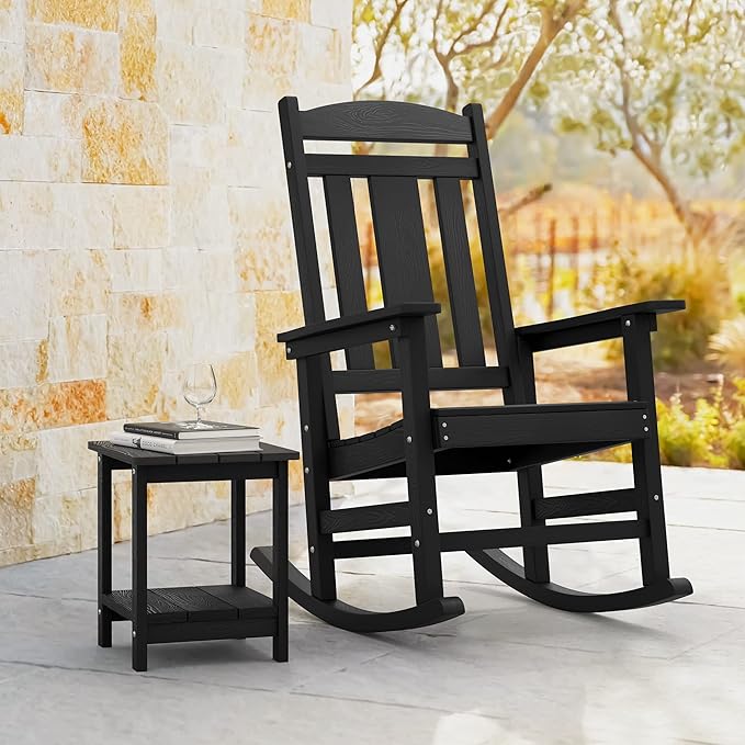 LUE BONA Rocking Chair Outdoor, Weather Resistant Poly Plastic Rocker Chairs, 350lb Heavy Duty, Oversized Porch for Adult, High Back Smooth Chairs Outdoor & Indoor, Black