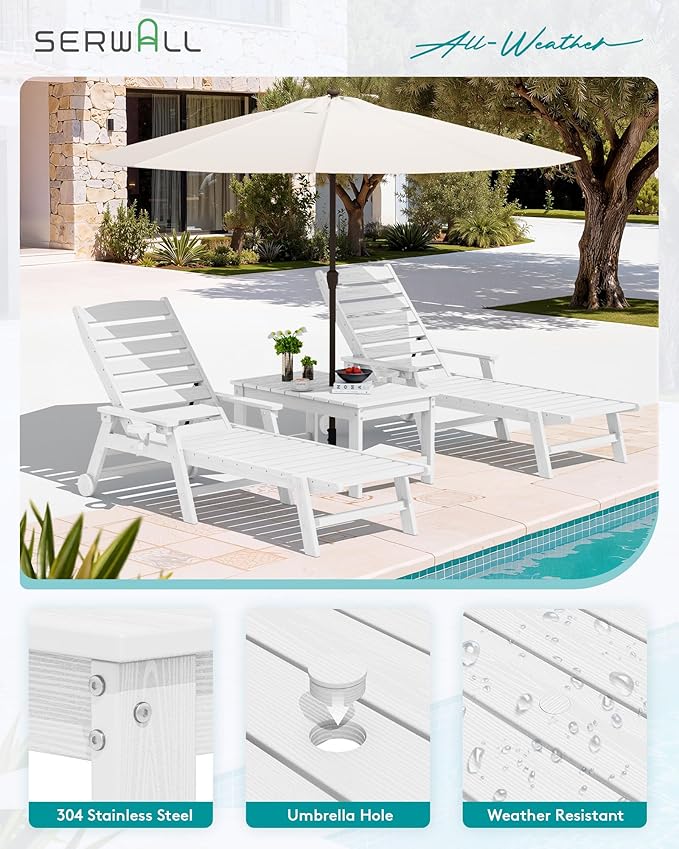 SERWALL Outdoor Coffee Table with 9FT Umbrella, HDPE Patio Coffee Table for Outside, Rectangle, White(Not Include Umbrella Base)