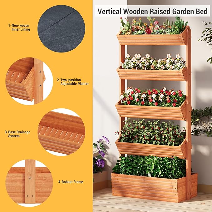 Vertical Wooden Raised Garden Bed Planters Wood Planter Kit Plant Stand Flower Rack Planter Box Gardening for Plants Herbs Flowers Vegetables Outdoor Indoor Freestanding (Orange 5-Tier)