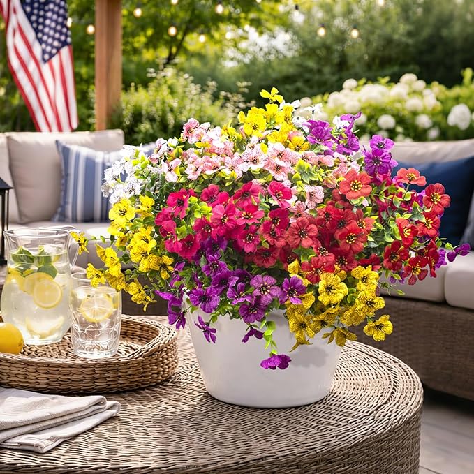 20 Bundles Artificial Flowers for Outdoors, UV Resistant Fake Plants Flowers Greenery Shrubs Plants for Decoration Outside Plants Hanging Planter Home Garden Decor (Mix（6 Color）)