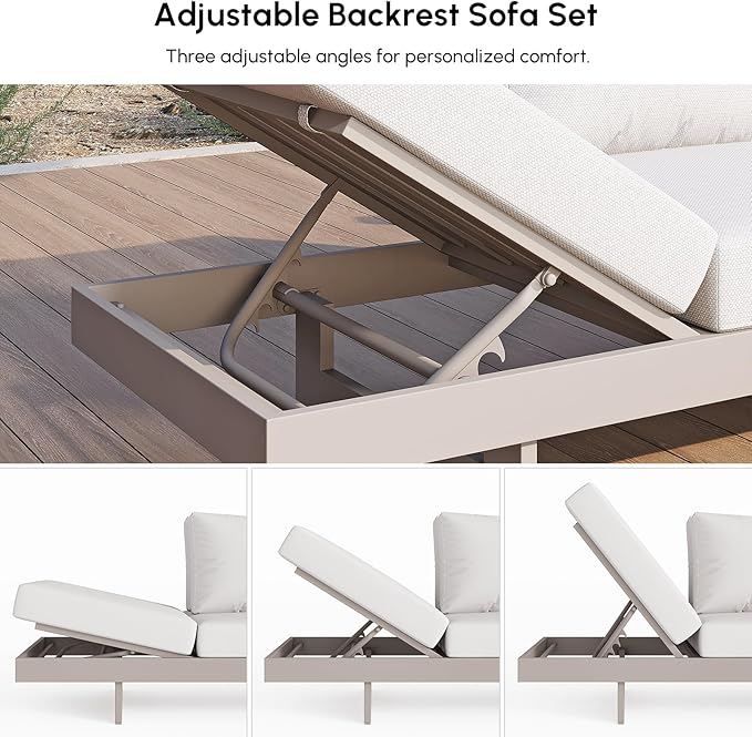 homary 6 Piece Aluminum & Teak Outdoor Sofa Set, Patio Sofa Seat L-Shaped Outdoor Sectional Sofa Set with Adjustable Backrests/Waterproof/Fade Resistant Cushions Ideal for Patios/Balconies,Light Gray