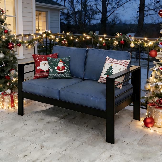 Kiss the Water Outdoor Patio Furniture Loveseat Sofa, All-Weather Metal Aluminum Patio Couch with 5" Thick and Soft Cushion and Wide Arm, Outdoor Couch for Balcony, Porch, Backyard