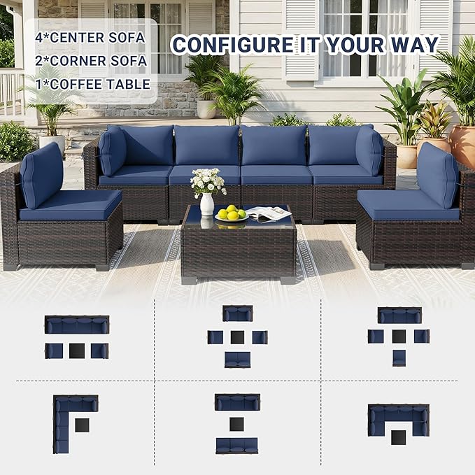 LEVELEVE 7 Pieces Outdoor Patio Furniture Sets,Rattan Conversation Sectional Set,Manual Weaving Wicker Patio Sofa with Tea Table