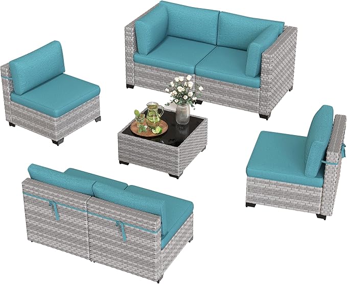 6-Seat Modular Patio Furniture Set – Outdoor Wicker Sectional Sofa with Thick 4″ Cushions, Dual-Strand PE Rattan, Rust-Resistant 18 mm Steel Frame, Backyard Garden Deck Lounge,Blue