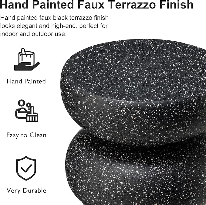 Glitzhome Outdoor Side Table Set of 2, 18" H Decorative Garden Stool MgO Faux Terrazzo End Table, Heavy Duty Indoor Outdoor Round Planter Stand for Living Room Bedroom Patio Deck Poolside,Black