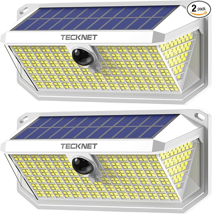 TECKNET 461 LED Solar Powered Outdoor Lights, 270° Angle & 3 Lighting Modes Motion Sensor Light Outdoor, Security Solar Lights Waterproof - 2 Pack, White, Cold Light