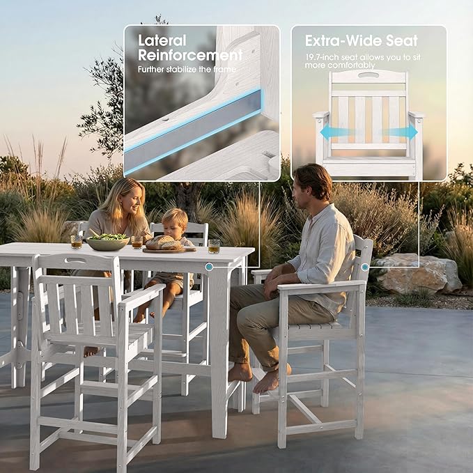 Ciokea 3 Pcs Outdoor Bar Height Table Set, 60" Extra Long Rectangle High Top Table and 2 Oversized Adirondack Chairs Set, Heavy-Duty All-Weather HDPE Patio Bar Set for Backyard Balcony Deck, White
