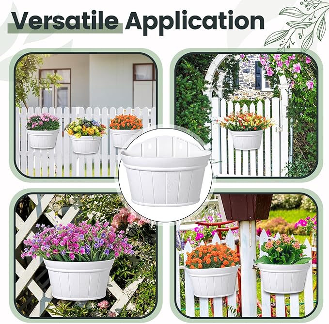 Layhit 6 Pcs Wall Hanging Planters Outdoor Pot Planter Wine Barrel Planter Distressed Oak Thickened Plastic Water Storage Flower Pots for Flower Indoor Outdoor(10 Inches,White)