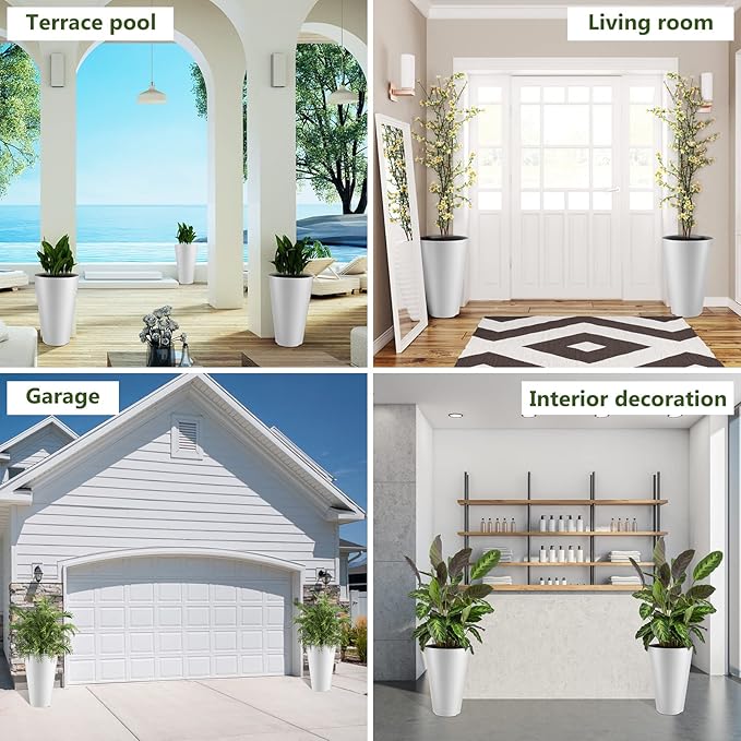 Sieral Set of 2 Tall Outdoor Planters 12 x 18 Inch Large Resin Outdoor Planters for Front Porch Flower Round Floor Decorative Indoor Pots with Drainage(White)
