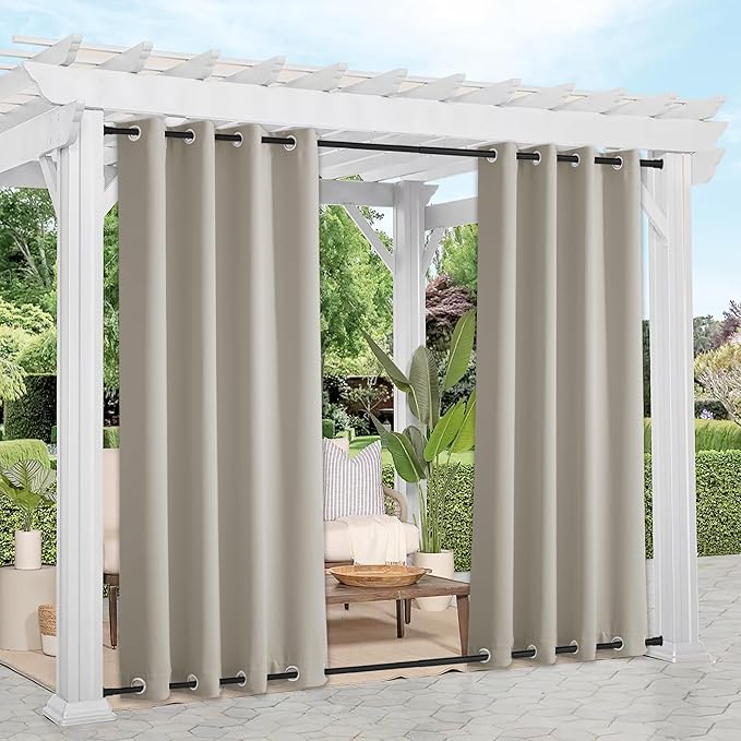 NICETOWN 2 Panels Gazebo Curtains Outdoor Waterproof & Windproof, Top and Bottom Wind-Break Outdoor Drapes Thermal Insulated Blackout Blinds Cold & Heat Block for Patio, W52 x L95, Natural