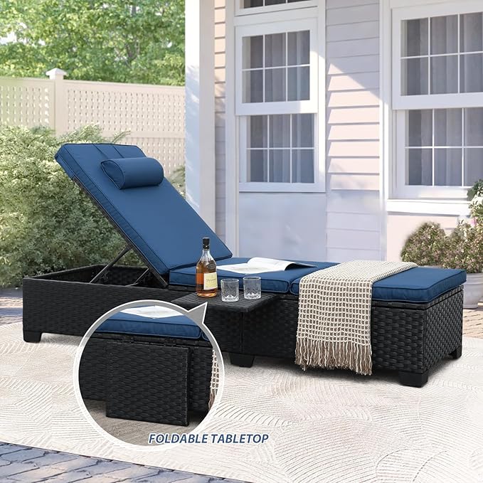 WAROOM Outdoor Chaise Lounge Chairs for Outside Patio Furniture Set of 2 Wicker Recliner Black Rattan Sunbathing Lounger Adjustable Backrest Pool Reclining Chair, Navy Blue Cushion