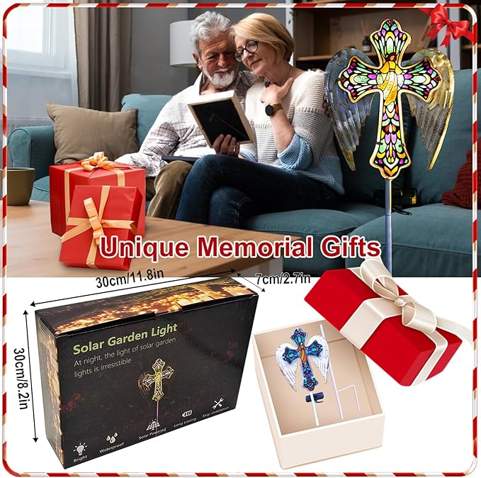 YJFWAL Solar Glass Cross Garden Stake Light, Cemetery Decorations for Grave Outdoor Lights, Easter Jesus Cross Angel Wings Sympathy Memorial Gifts, for Garden Lawn Yard Patio Decor