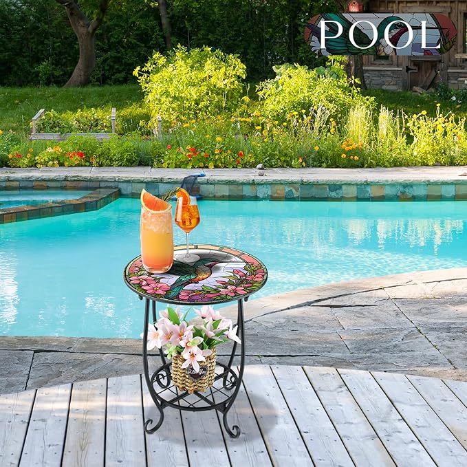 Outdoor Side Table Round Small Mosaic Patio Accent Indoor End Plant Coffee Tea Table for Yard Patio Porch Garden Living Room, Bedroom(Hummingbird Style,12 Inch)