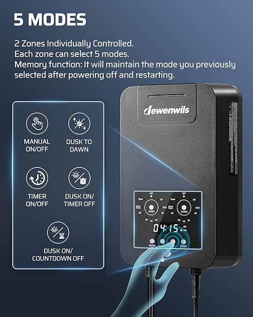 DEWENWILS 300W DC Low Voltage Landscape Transformer with 2 Zones, Photocell Sensor & Timer, Outdoor Low Voltage Transformer, Landscape Lighting Transformer for Spot Light Steplight