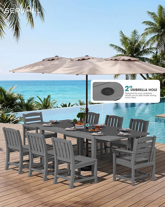 SERWALL 11-Piece Outdoor Dining Set, 60" - 83" Expandable Outdoor Dining Table and 10 HDPE Chairs, All Weather HDPE Outdoor Furniture Set for Backyard, Garden, Grey