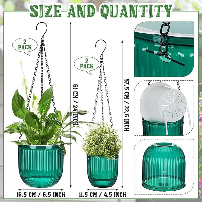 Maxcheck 4 Pcs Self Watering Hanging Planters Indoor Gift 6.5'' 4.5'' Hanging Flower Pots Baskets Outdoor Self Watering Plant with 3hooks Drainage Holes for Home(Emerald)