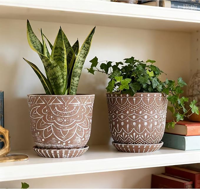 Gepege Ceramic Planter, 6 Inch Plant Pot with Drainage Holes and Saucers for Indoor Plants, Birthday for Women Mom