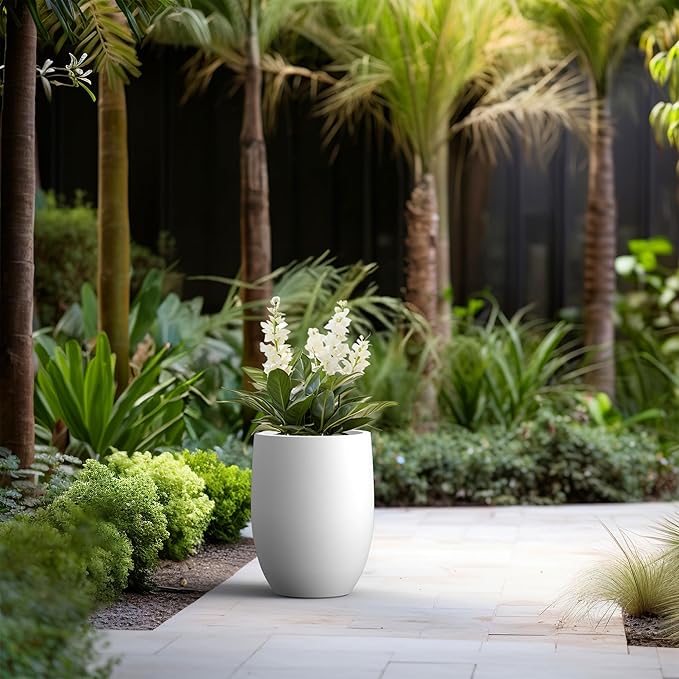 Kante 16.5 Inch Tall Concrete Planter, Large Indoor Outdoor Plant Pot with Drainage, Smooth White Finish with Painted Interior, Ideal for Porch, Home, Garden, Patio