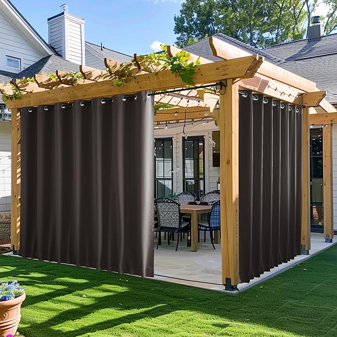 NICETOWN 2 Panels Outdoor Curtains for Patio Waterproof & Windproof, Extra Wide Grommet & Back Tab on Top & Bottom Thermal Insulated Sun Blocking Drapes with Rope for Deck, Toffee Brown, W100 x L95