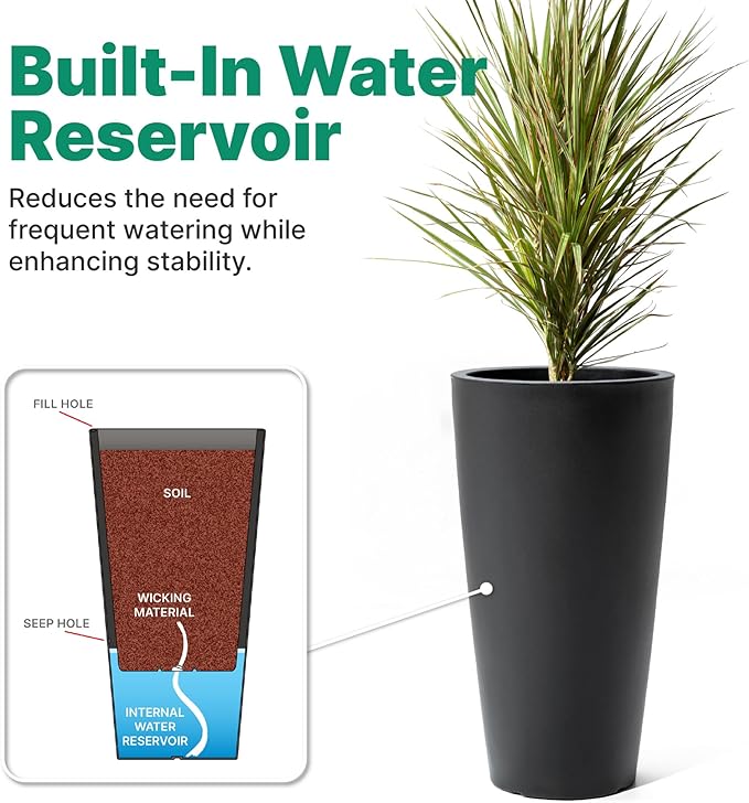 Step2 Tremont Tall Round Tapered Planter, 28" Tall 2-Pack, Indoor/Outdoor Plants, Efficient Drainage, Durable Resin, Onyx Black