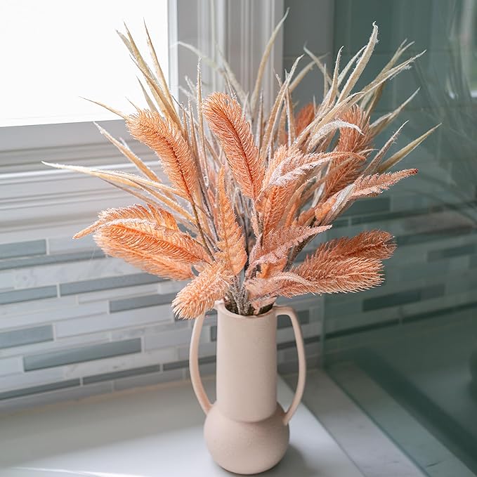7 PCS Artificial Stems Fake Plants for Spring Summer Decor, 26 in Fake Leaves Greenery Branches Orange Silk Flowers Faux Foliage DIY Stems for Vase Home Kitchen Farmhouse Indoor Table Centerpiece