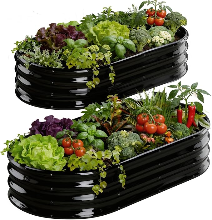 Raised Garden Bed Outdoor 2 Sets Oval Large Coating Metal Planter Box with No Heavy Metal for Vegetables, Flowers, Herbs