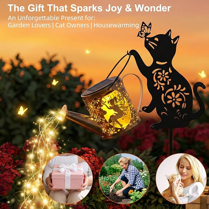 Solar Watering Can Lights with Fairy & Flowers, Outdoor Garden Decor with Cascading String Lights, Waterproof Solar Powered Hanging Lantern for Patio Yard Pathway, Gift for Mom Cat Lovers Gardeners