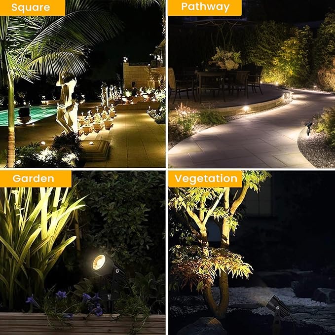 Svater Landscape Lighting Low Voltage, 10 Pack Outdoor Spotlights with Transformer, Plug in LED Spot Lights for Garden, Backyard, House, 3000K Warm White Super Bright 3W 250Lumem, Black