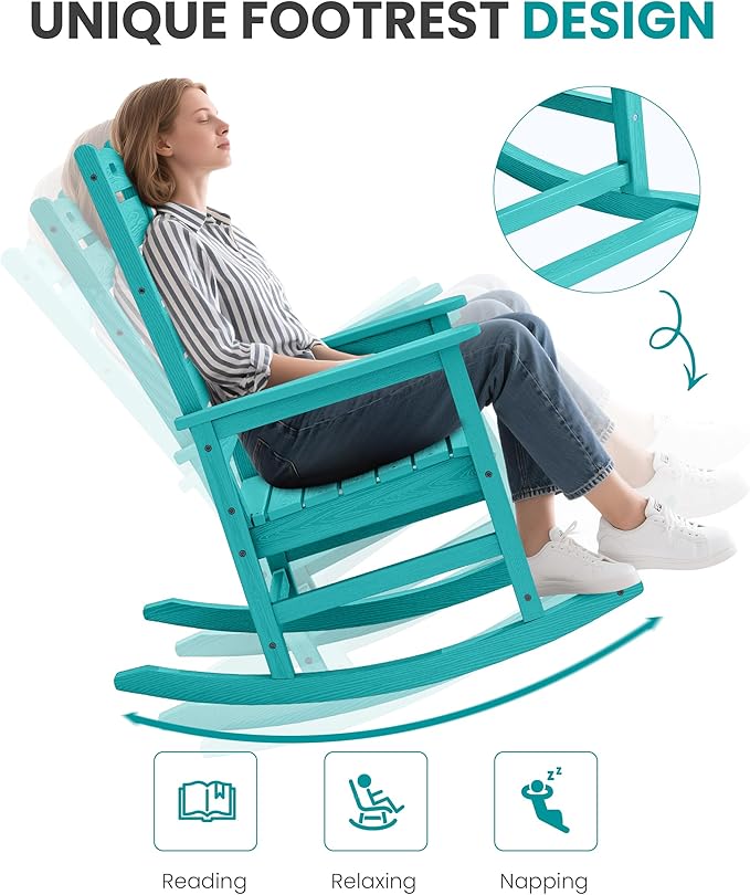 SERWALL Outdoor Rocking Chair Set of 4, Oversized HDPE Patio Rocking Chair with Footrest for Adults, All Weather Porch Rocker for Deck Patio Balcony, Aruba