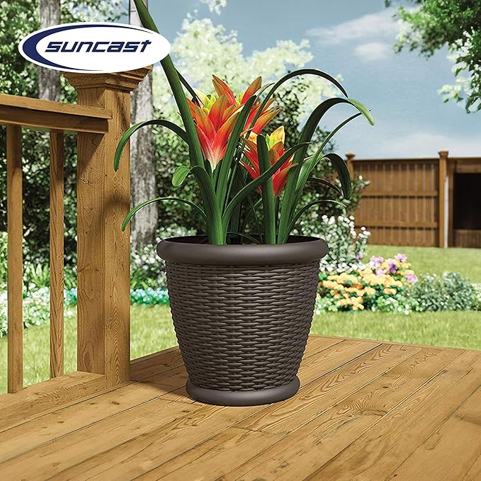 Suncast 4 Pack Wicker Planter w/ Drillable Drain Holes, Decorative Indoor/Outdoor Pot, 18in, Java