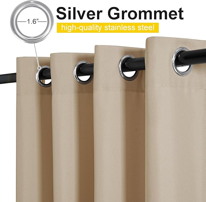 NICETOWN Canvas Outdoor Curtains for Paito 2 Panels, Taupe, W52 x L84 per Panel - Waterproof & Windproof Sun Shades with Grommet & Back Tab & Rod Pocket, Free Rope Included for Bottom Fixing
