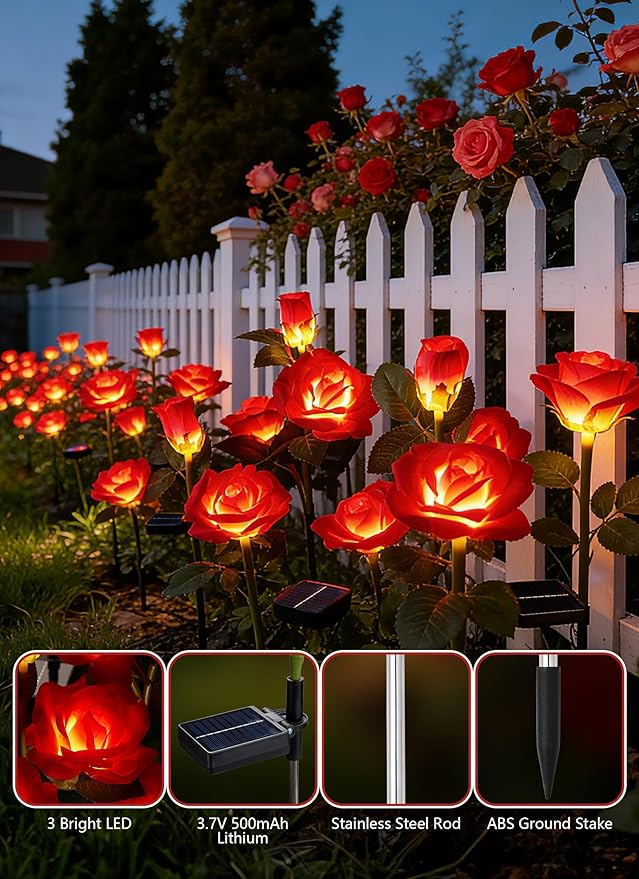 Brightown Outdoor Solar Flower Lights, 4 Pack Solar Garden Light with Larger & More Realistic Red Rose, Bigger Solar Panel, Waterproof Solar Lights Outdoor for Yard Garden Lawn Pathway Decoration