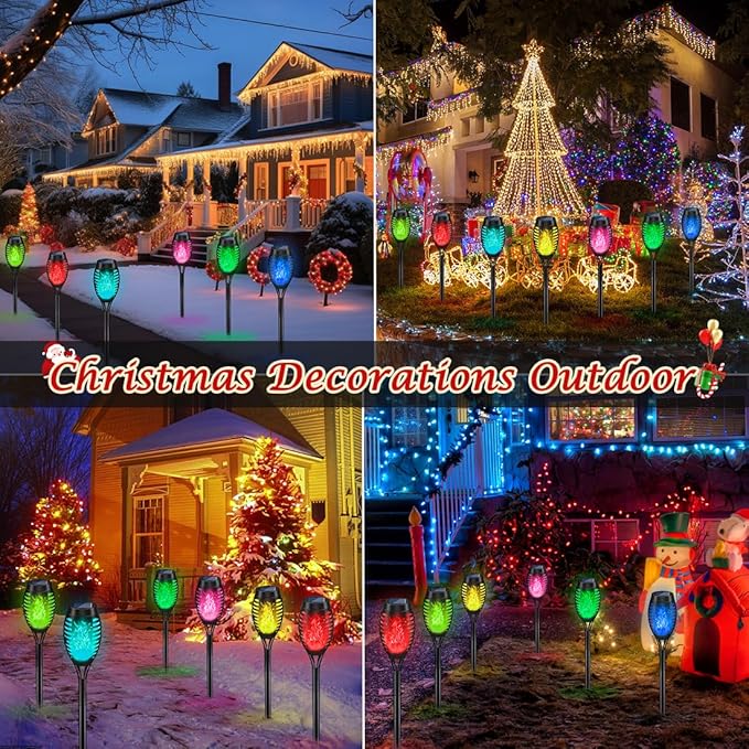 IkeeRuic Christmas Decorations Outdoor, Multicolor Solar Christmas Lights Outdoor with Flickering Flame, Solar Torch Light for Xmas Decor, Solar Powered Outside Lighting Waterproof for Yard Pathway