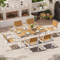 Aluminum Outdoor Dining Set for 6, Patio Table and Chairs Set with Umbrella Hole, 7 Pieces HDPS Outdoor Furniture Sets for Patio, Garden (White & Teak)