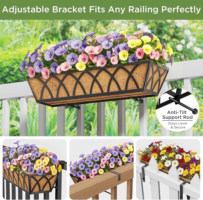 Y&M 24 Inch Fence Metal Hanging Flower Planter Window Basket Deck Railing Planter Boxes for Outdoor Garden Lawn， Window Deck with Coco Liner,6pcs