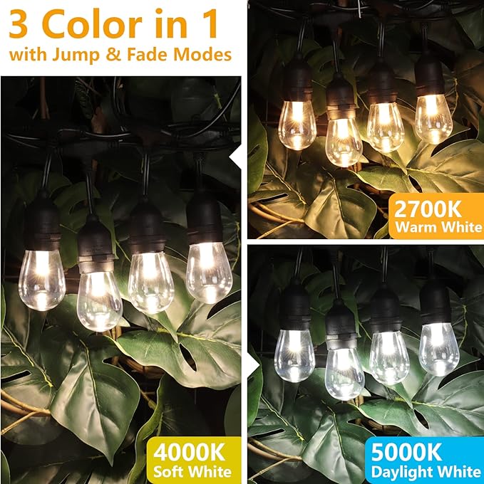 Mlambert 144Ft(3x48ft) 3-Color in 1 48Ft Remote LED Dimmable Outdoor String Lights, Plug-in 2700K/4000K/5000K Waterproof Light for Patio Backyard