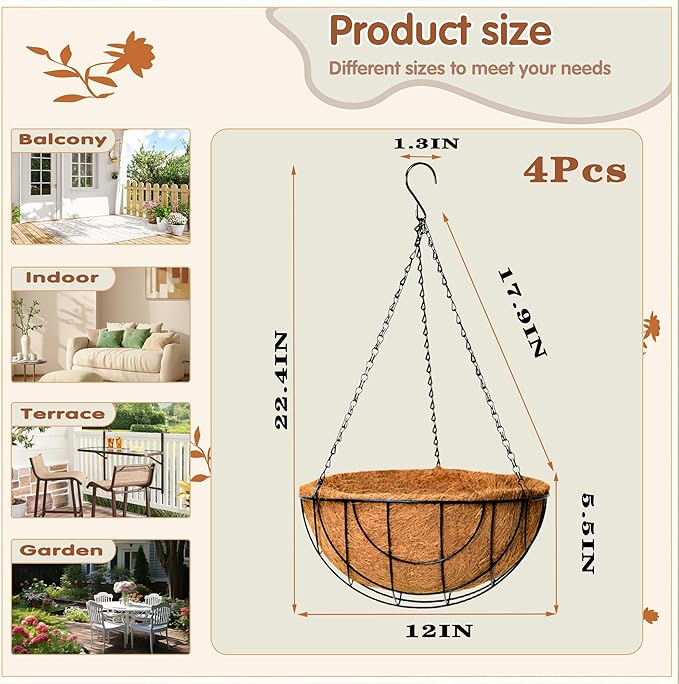 12 inch Metal Hanging Baskets for Plants Outdoor 4 Pack Round Metal Wire Hanging Basket Planter with Coco Fiber Liners Chain Round Wire Plant Holder for Garden, Patio, Deck, Outdoor(Grid)