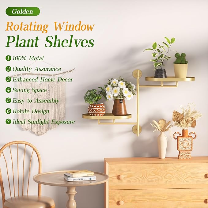 Window Rotating Plant Stand Shelf Indoor Gold Metal Floating Shelves 2-Tier Wall Mount Plant hanger Holders for Wall Planter Modern Home Decor window sill gifts