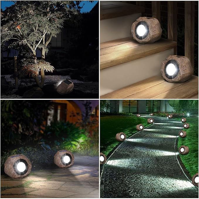 2 Pack Solar Rock Lights Outdoor, Angle Adjustable Solar Lights Outdoor Waterproof, LED Solar Garden Lights, Auto On/Off Landscape Lighting for Yard Pathway Patio Flower Bed - White Glow (Stone Brown)