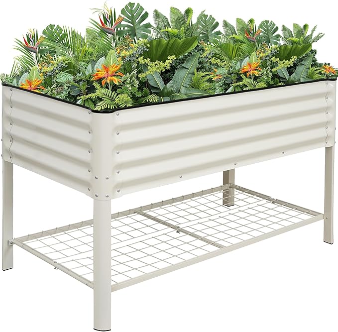 Elevated Raised Garden Bed 2' x 4'- Galvanized Metal Planter Boxes with Legs & Storage Rack, Outdoor Planters for Backyard/Patio/Balcony, with Drainage Holes for Vegetables, Flowers, Herbs, White